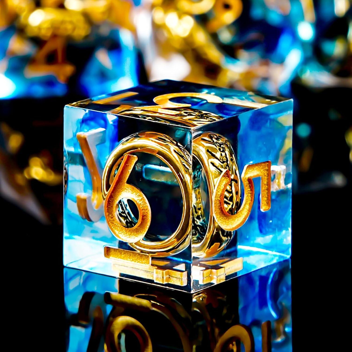 Juego de Dados D&D FTNNGIME Azul con Anillo Dorado