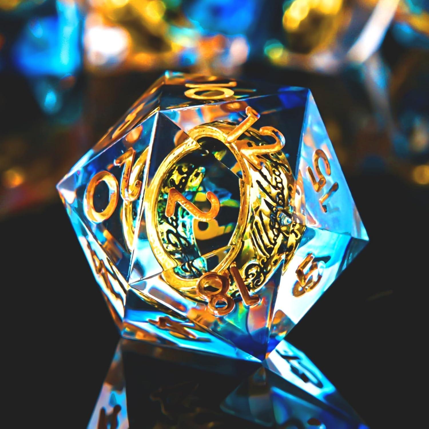 Juego de Dados D&D FTNNGIME Azul con Anillo Dorado