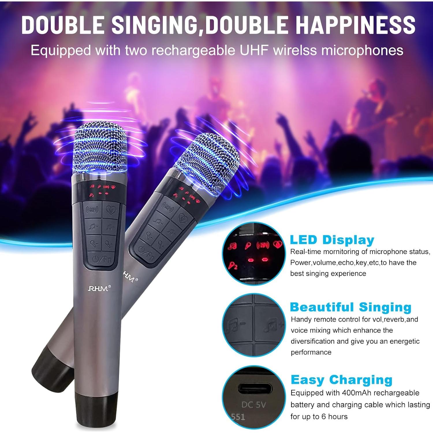 RHM K222 Máquina de Karaoke con 2 Micrófonos y Bluetooth