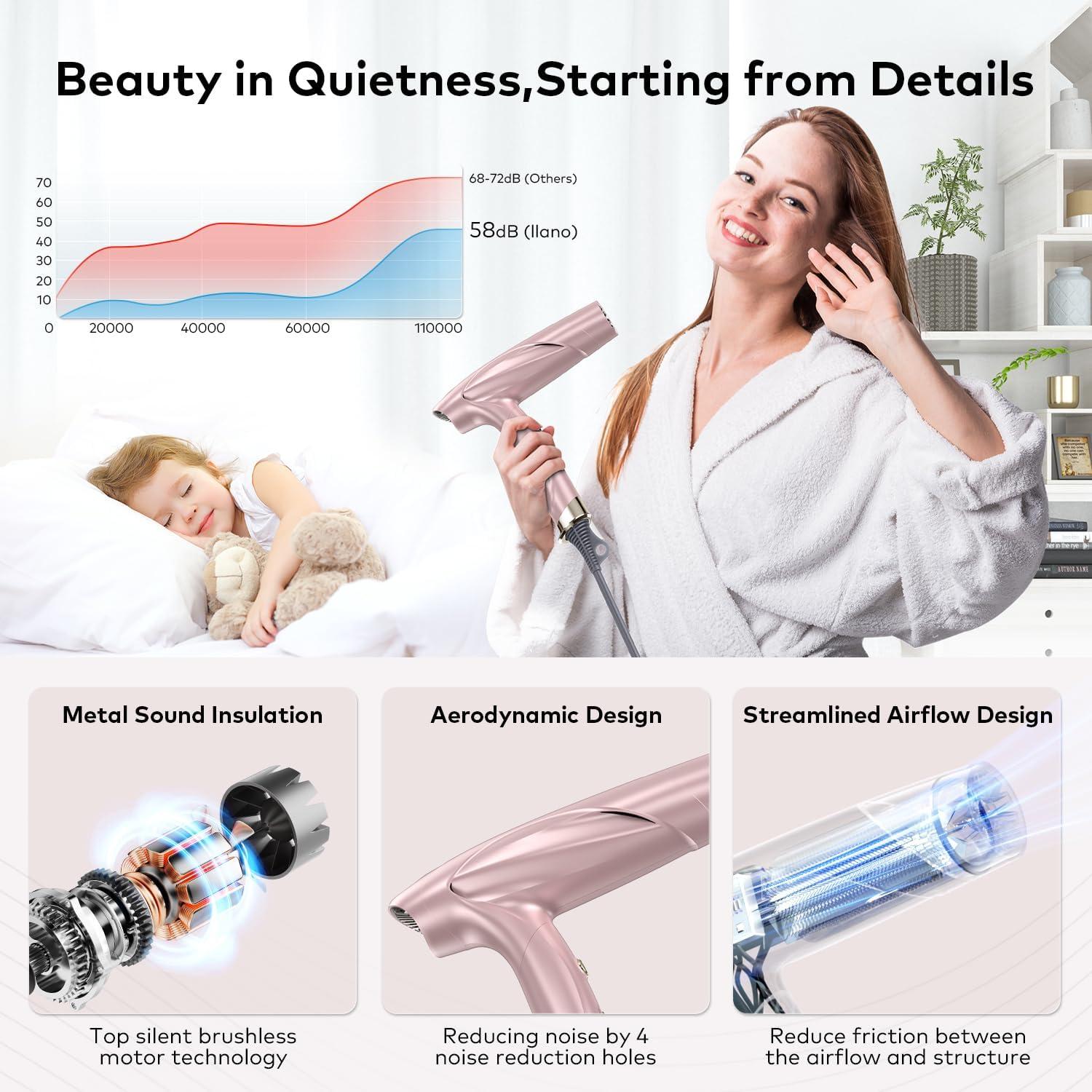 Secador de Pelo Iónico Llano 1400W Sin Escobillas Rosa Claro