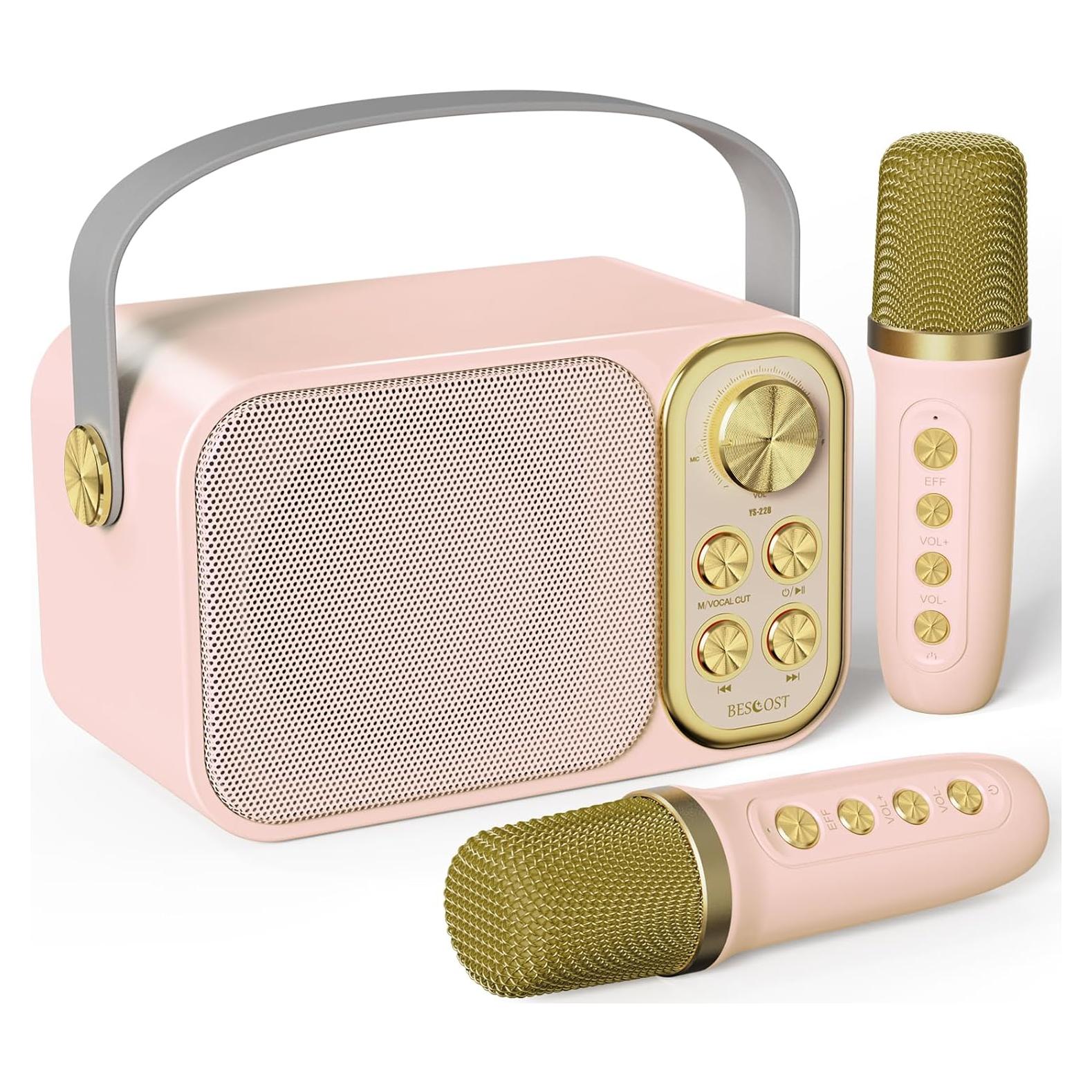 Mini máquina de karaoke BESCOST rosa con 2 micrófonos
