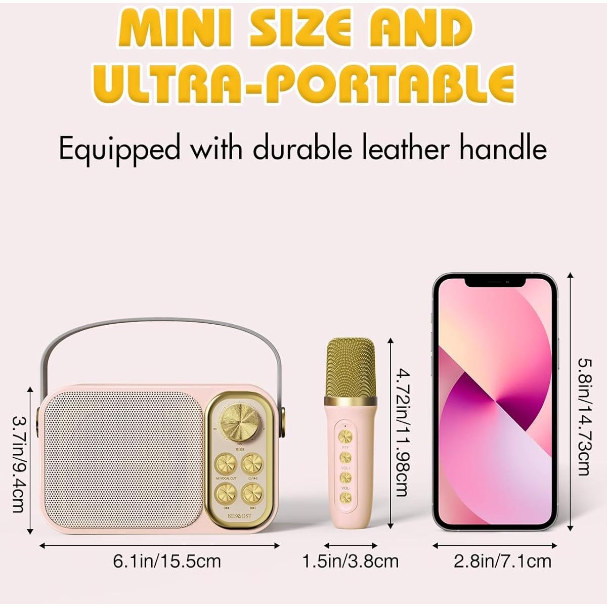 Mini máquina de karaoke BESCOST rosa con 2 micrófonos