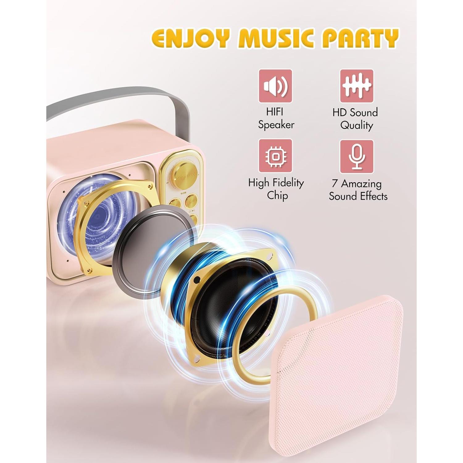 Mini máquina de karaoke BESCOST rosa con 2 micrófonos