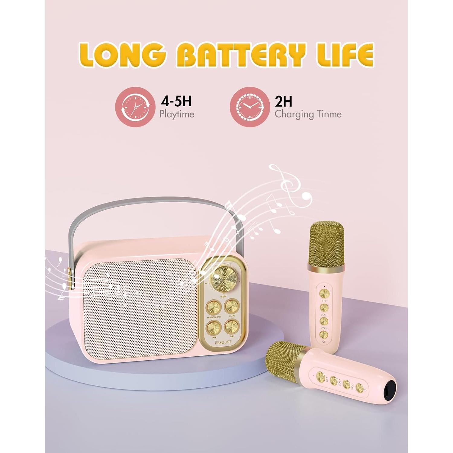 Mini máquina de karaoke BESCOST rosa con 2 micrófonos