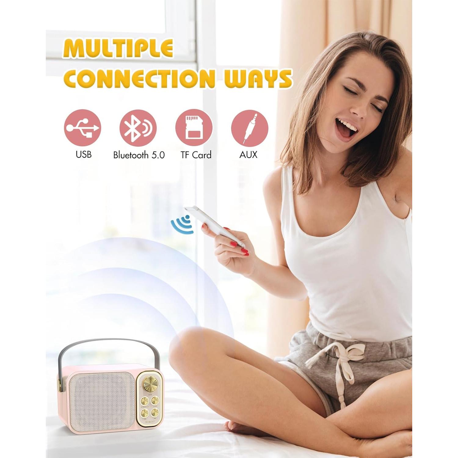 Mini máquina de karaoke BESCOST rosa con 2 micrófonos