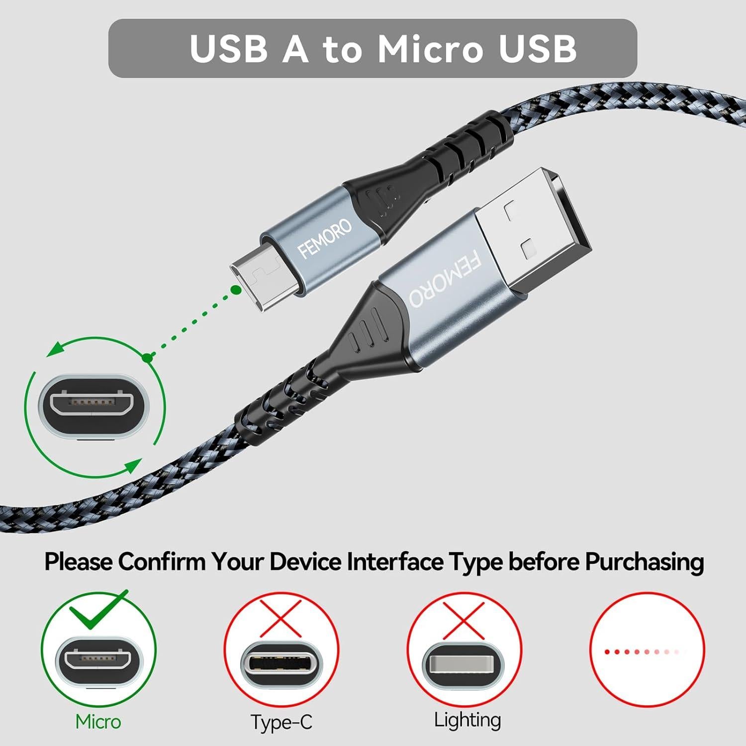 Cable Micro USB FEMORO 30.48cm Paquete de 2 Carga 12W