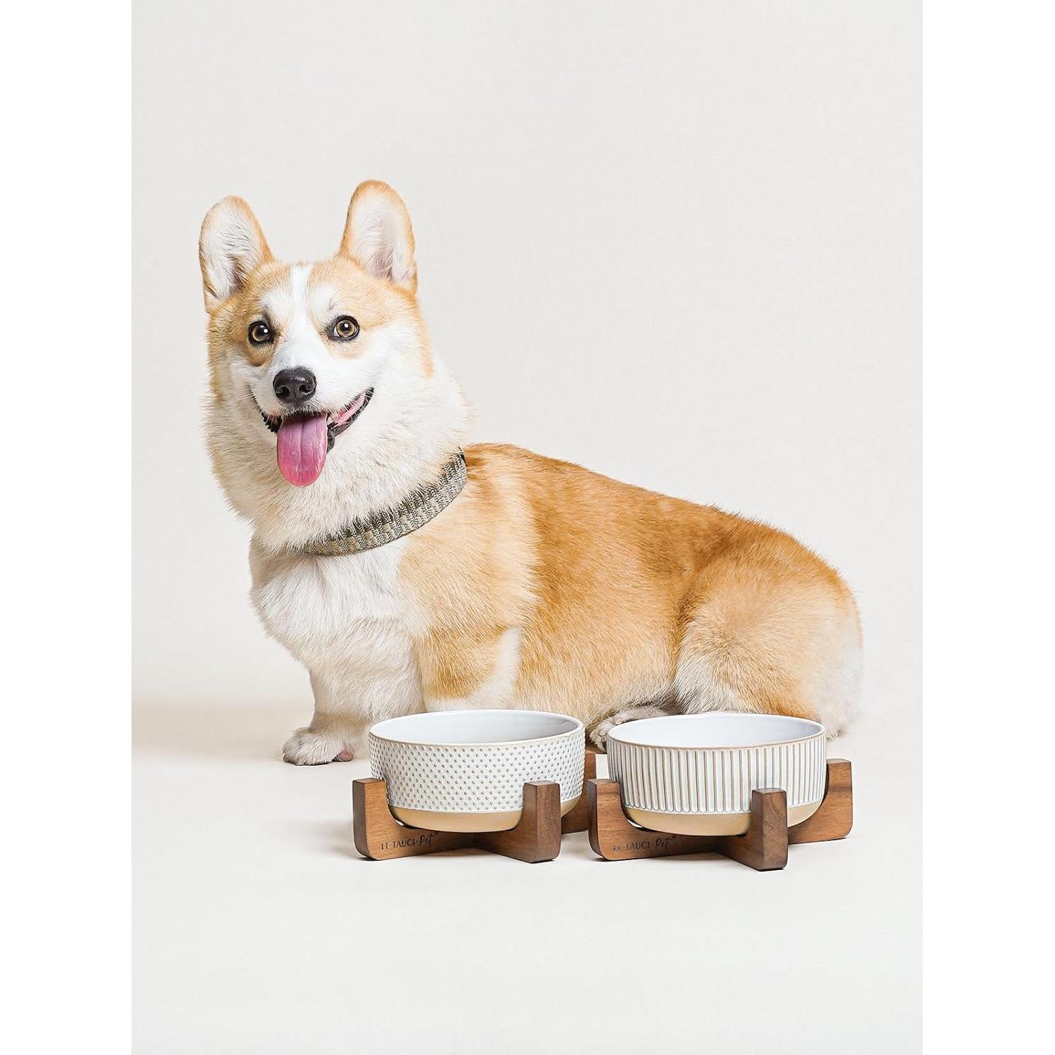 Cuencos Cerámica LE TAUCI para Perros 4 Tazas Soporte Madera