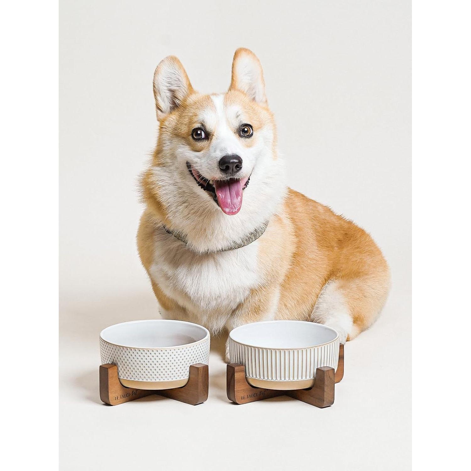 Cuencos Cerámica LE TAUCI para Perros 4 Tazas Soporte Madera