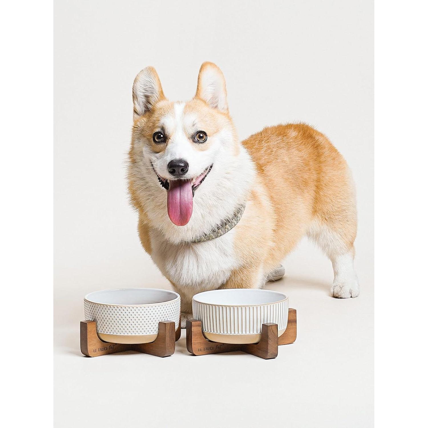 Cuencos Cerámica LE TAUCI para Perros 4 Tazas Soporte Madera