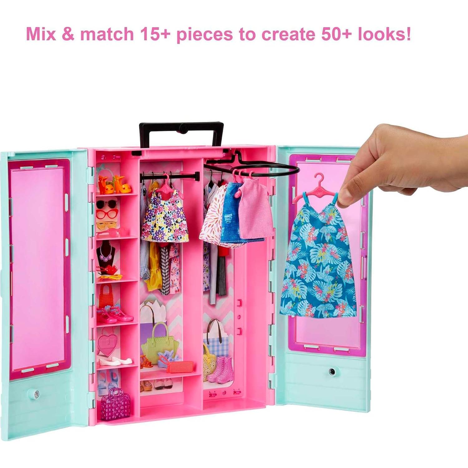 Juego de armario portátil Barbie con 3 atuendos y accesorios