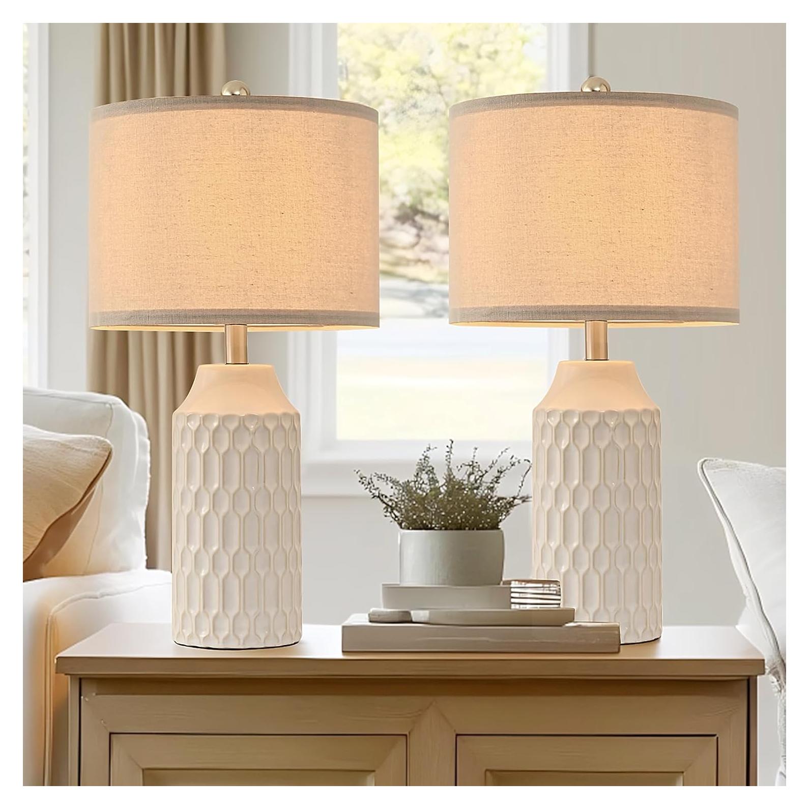 Juego de 2 Lámparas de Mesa Cerámica Blanca 55.88 cm Ea