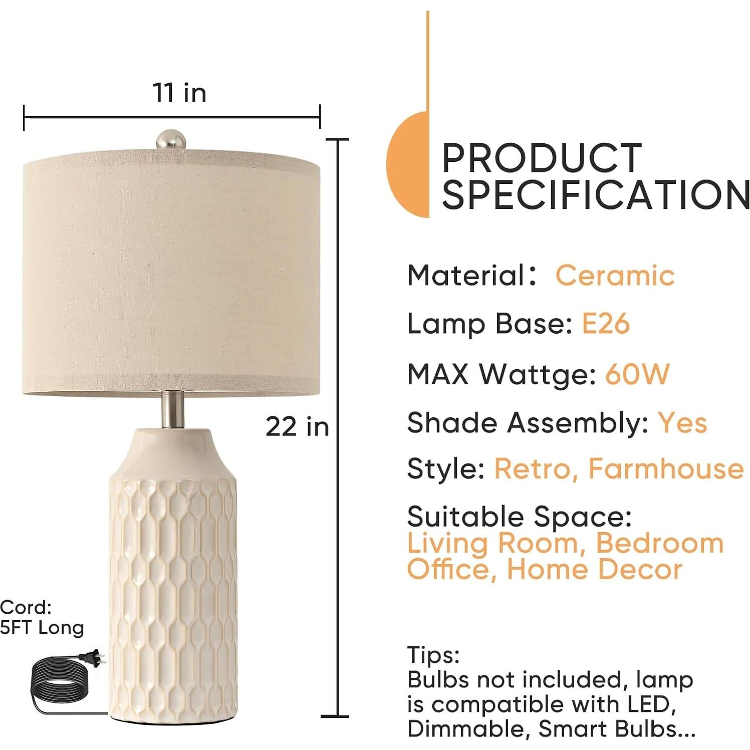 Juego de 2 Lámparas de Mesa Cerámica Blanca 55.88 cm Ea