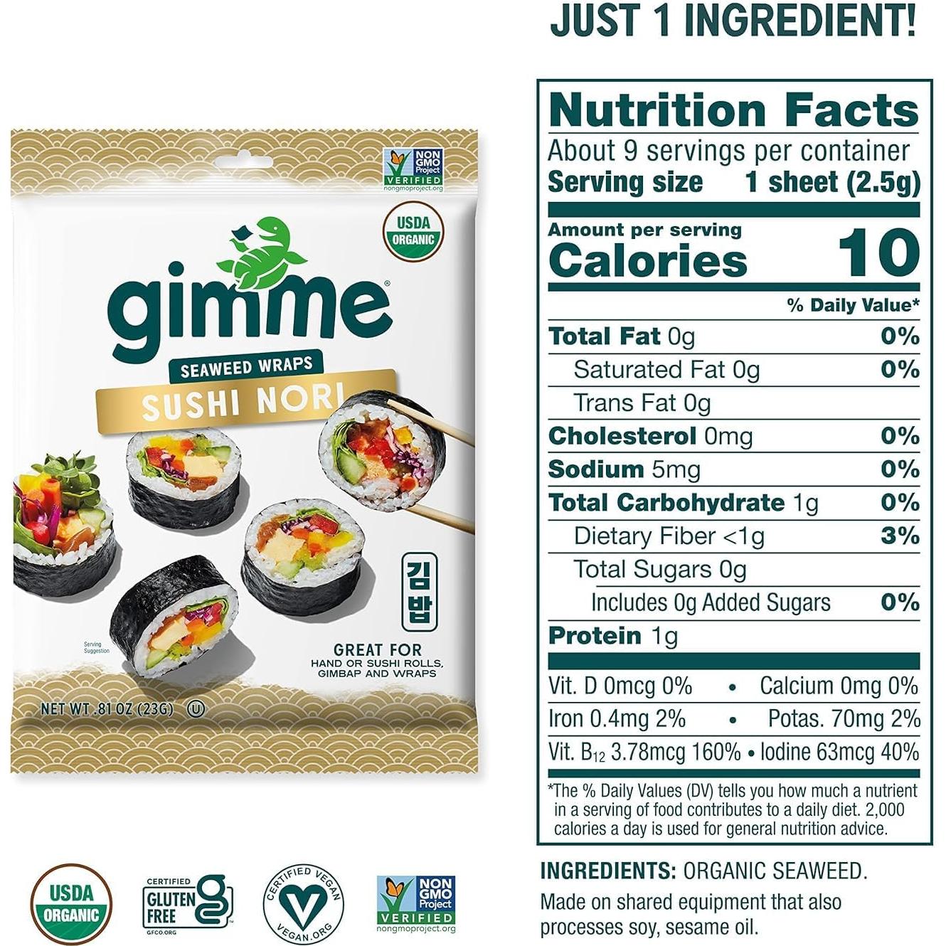 Hojas de Algas Sushi Nori Orgánico gimMe 12 Paquetes 275.7g