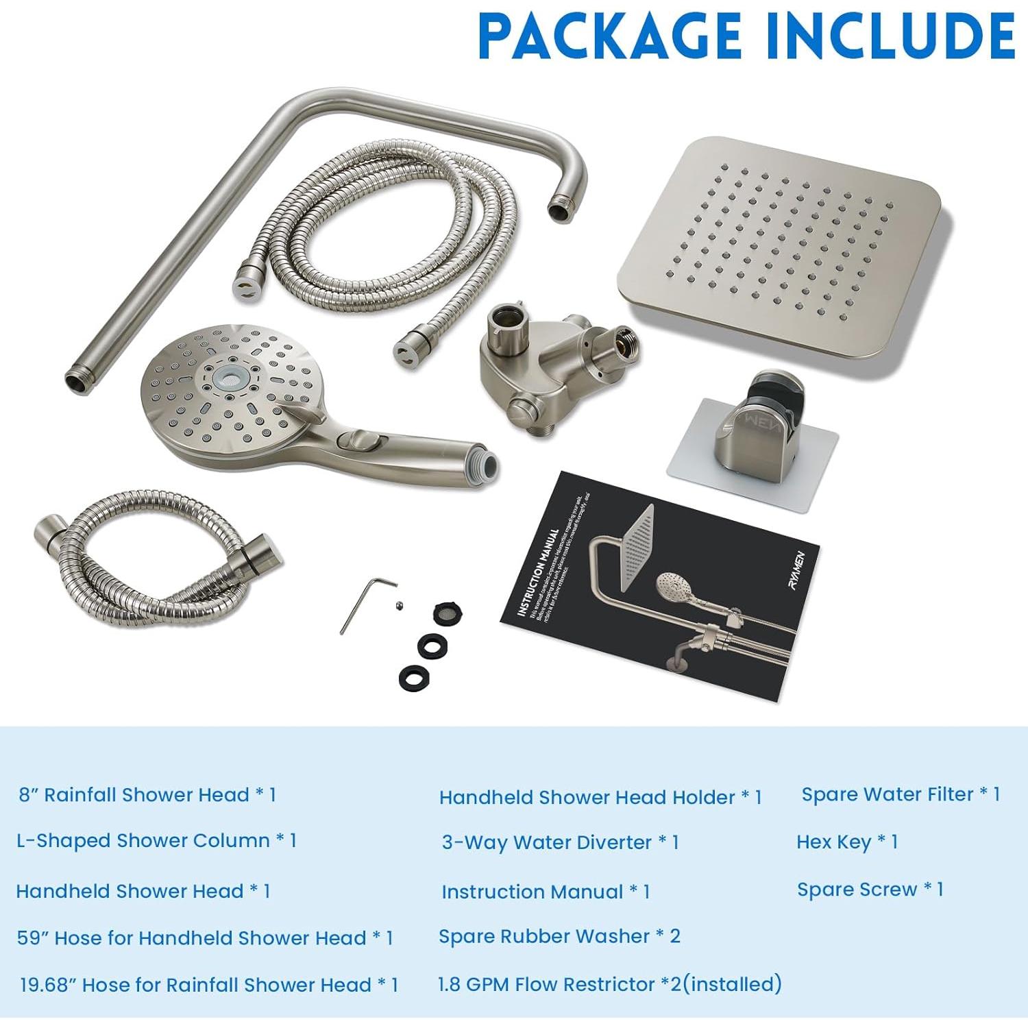 Combo Ducha Doble Ryamen 20.32 cm Lluvia y Mano Ajustable