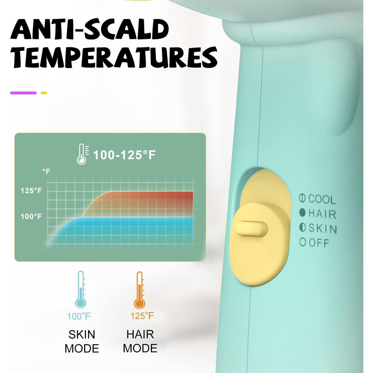 Secador de Pelo para Niños Feekaa 500W, Calor Suave y Bajo Ruido