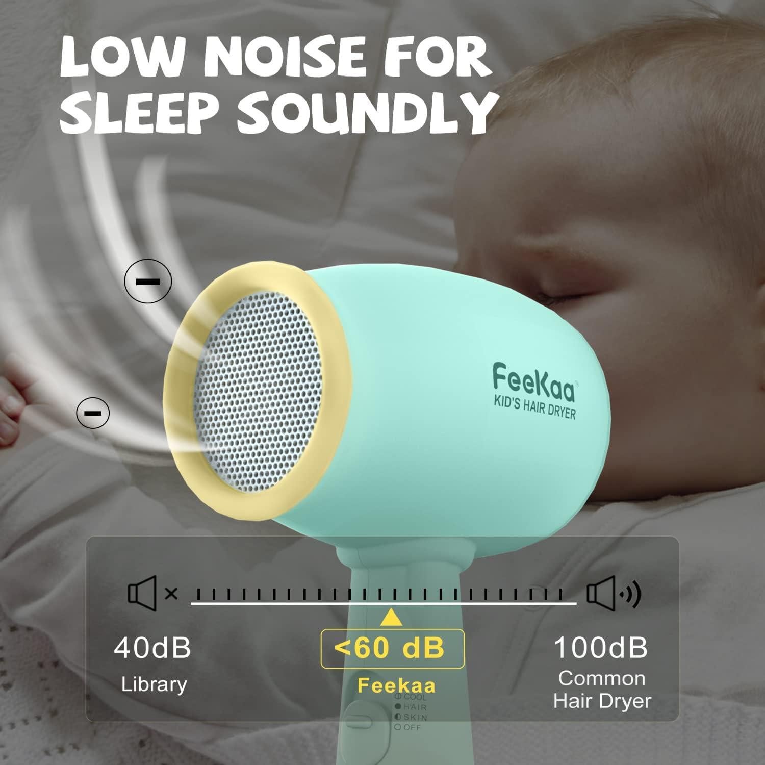 Secador de Pelo para Niños Feekaa 500W, Calor Suave y Bajo Ruido