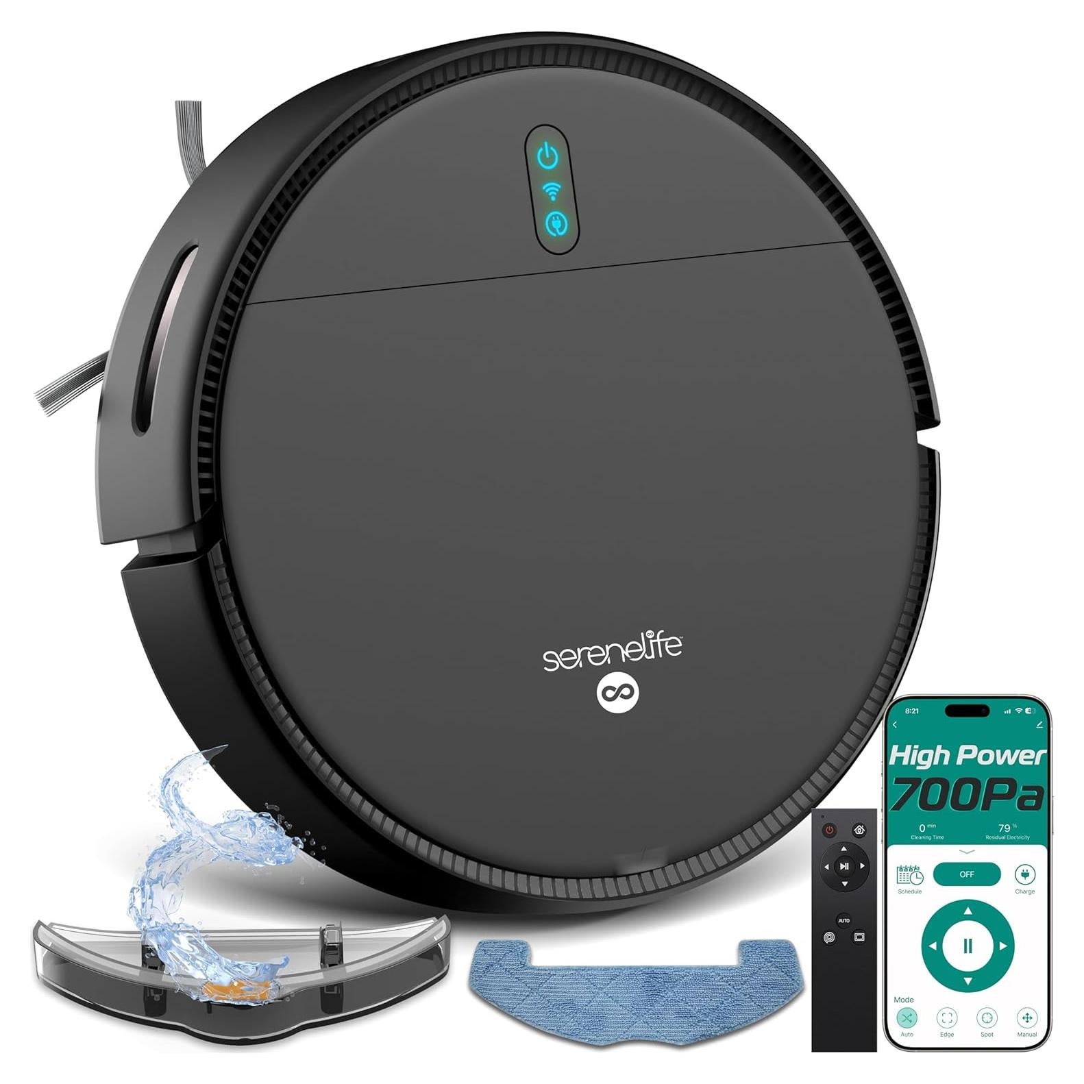 Aspiradora y Mopa Robot SereneLife 700Pa, Control App, Negro