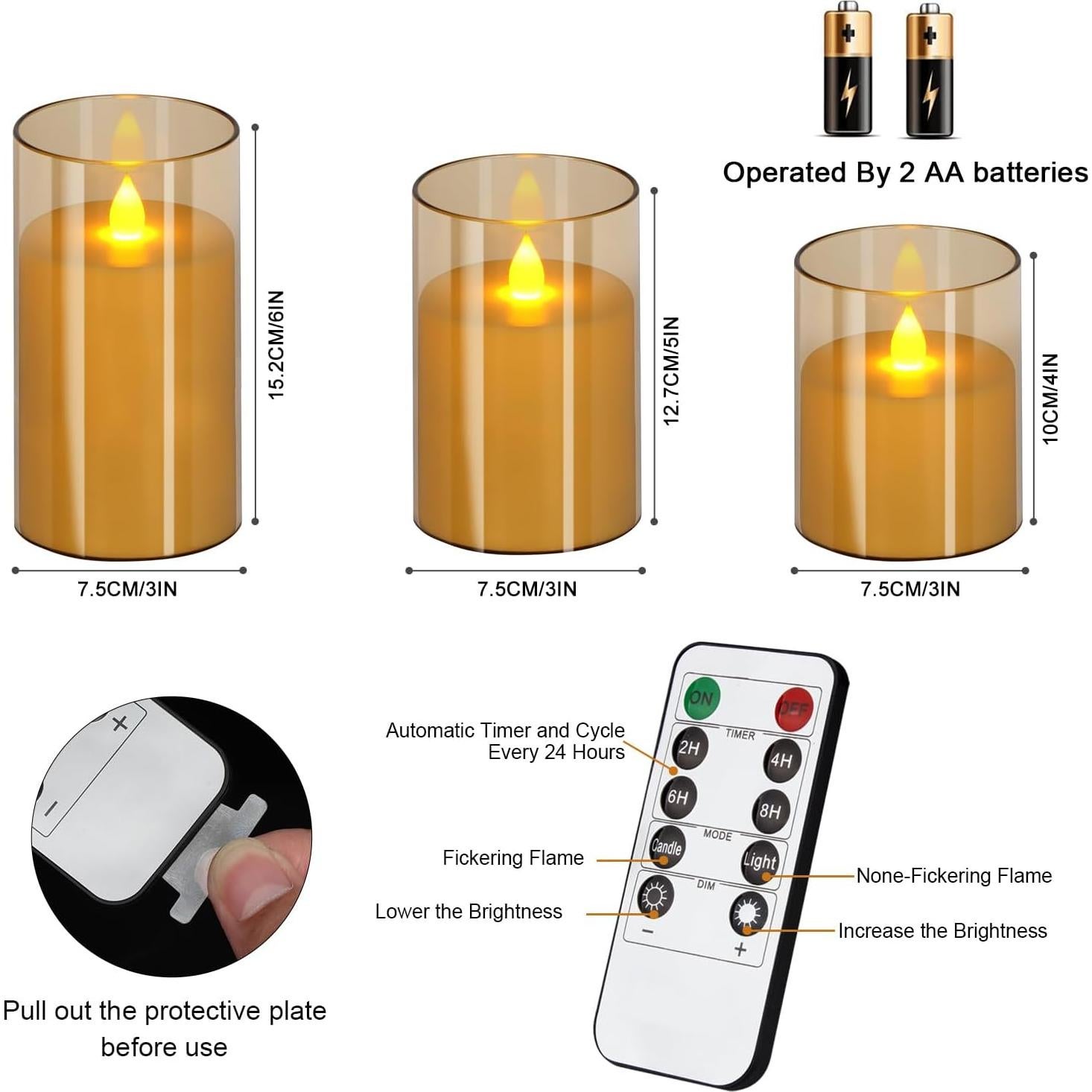 Juego de 3 Velas Sin Llama Wemarry 10cm 13cm 15cm con Control Remoto