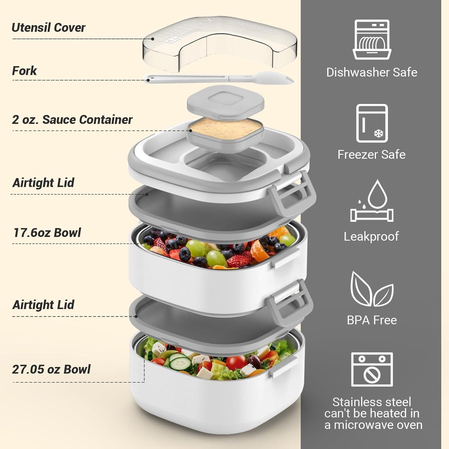 Caja Bento PEDECO Doble Capa Acero Inoxidable 1.27kg Blanco