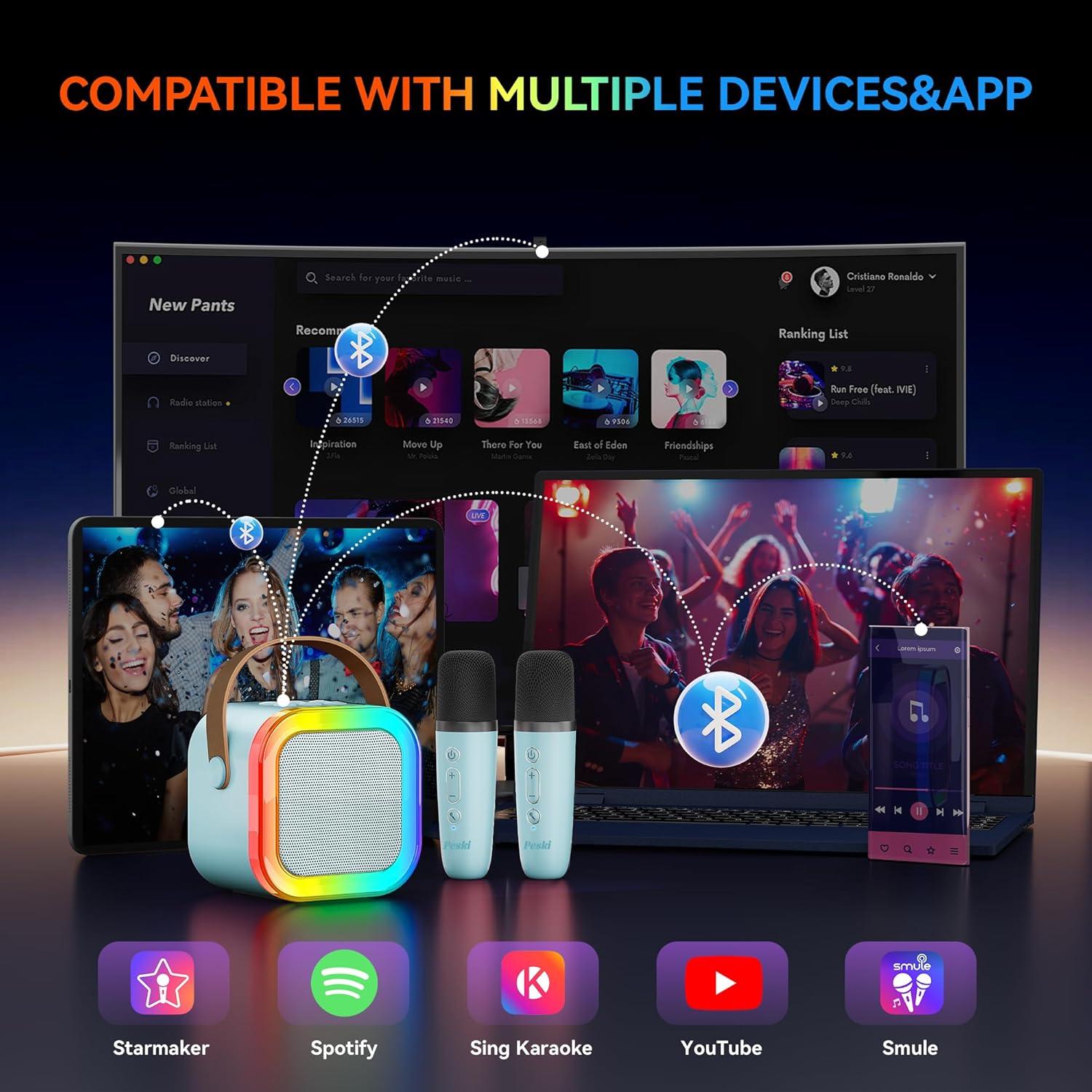 Karaoke Portátil LFS con 2 Micrófonos y Bluetooth Azul