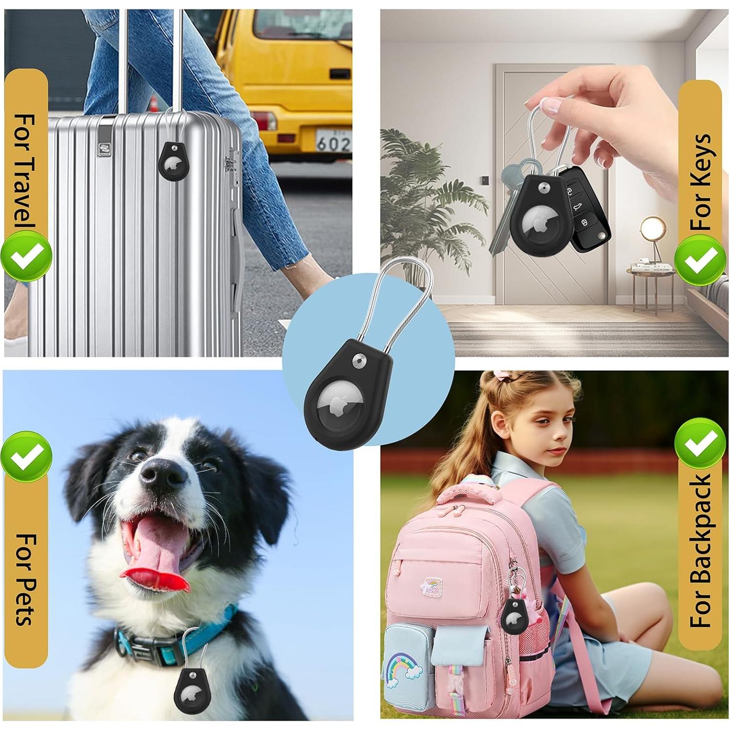 AirTag Holder with Keychain, Secure Lock Airtag Holder with Wire Cable Compatible with Apple Air tag for Keys, bags