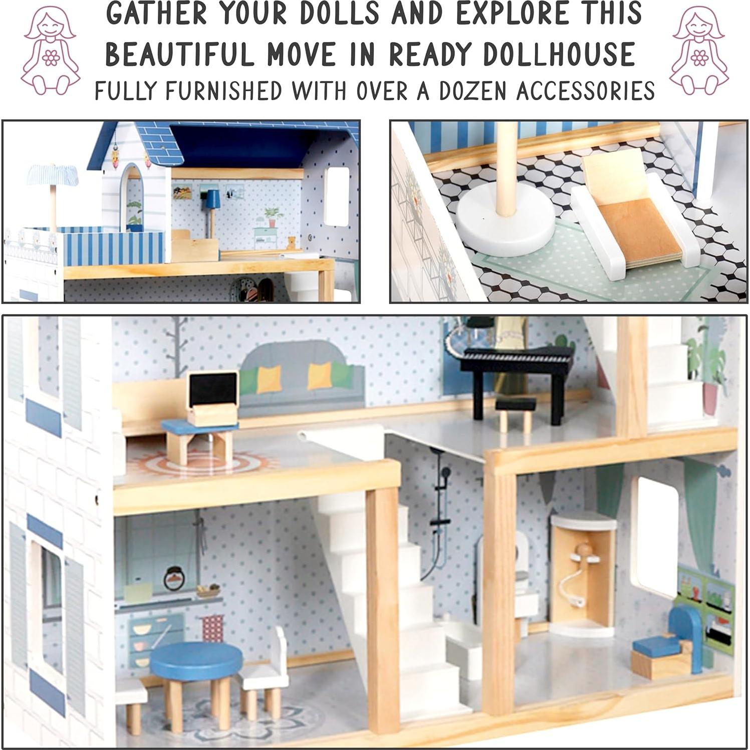 Casa de Muñecas de Madera Lil' Jumbl 3 Pisos con 17 Accesorios