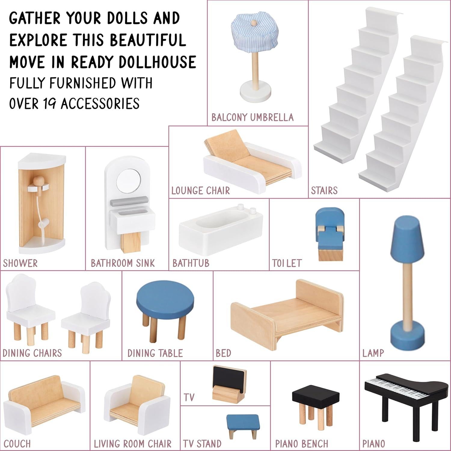 Casa de Muñecas de Madera Lil' Jumbl 3 Pisos con 17 Accesorios