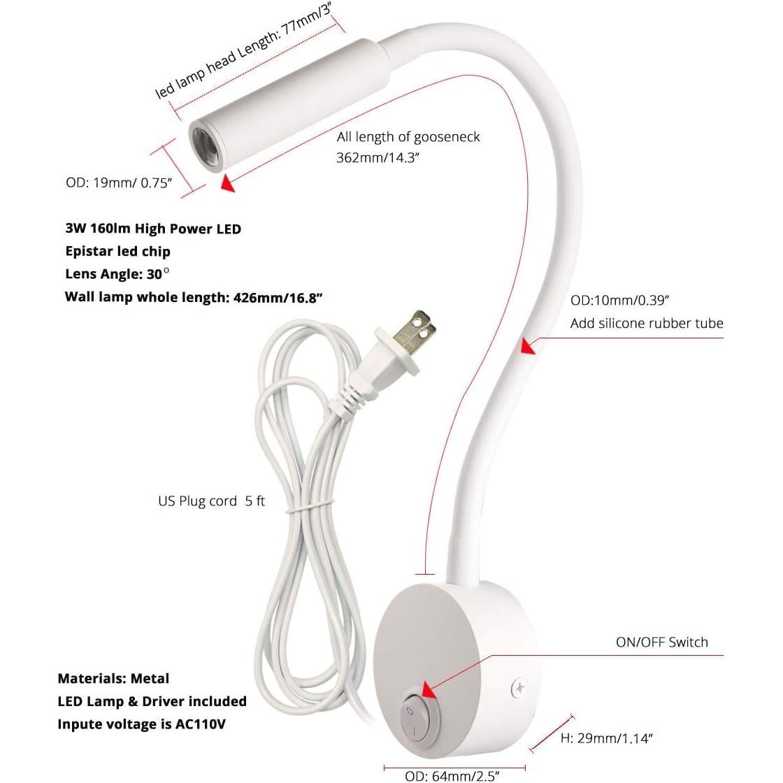 Lámpara de Lectura LED Montada en Pared Bright-LEDs Blanca 6000K
