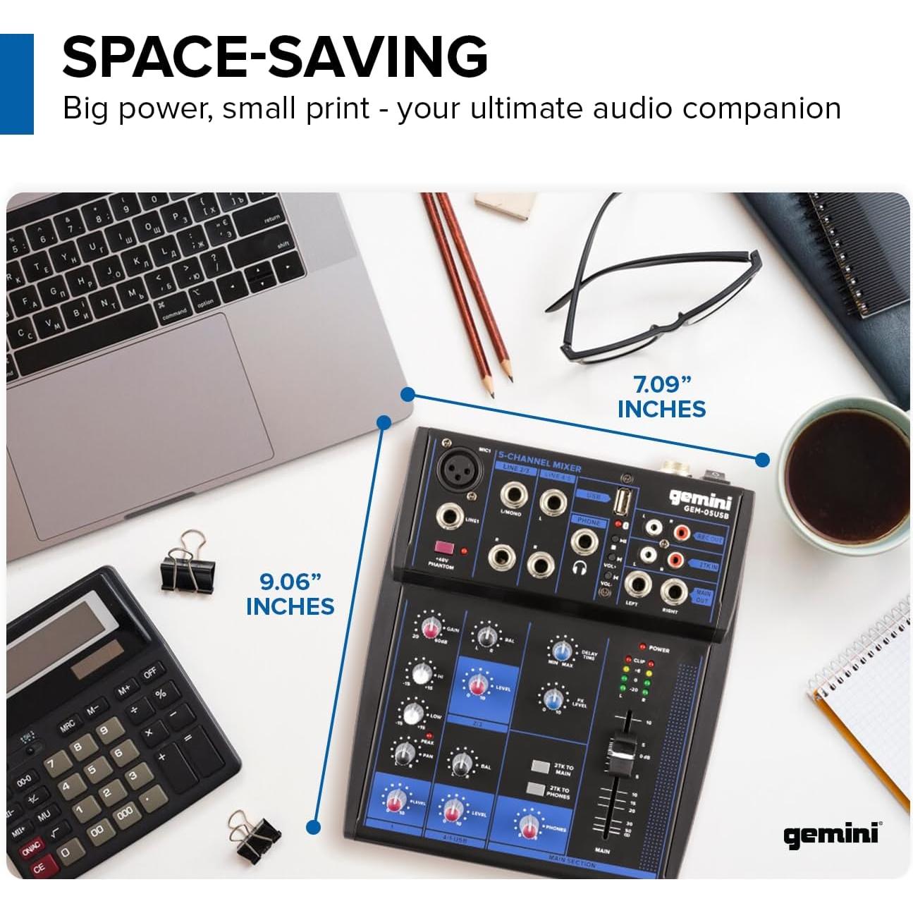 Mezclador de Audio Bluetooth GEM-05USB 5 Canales Compacto