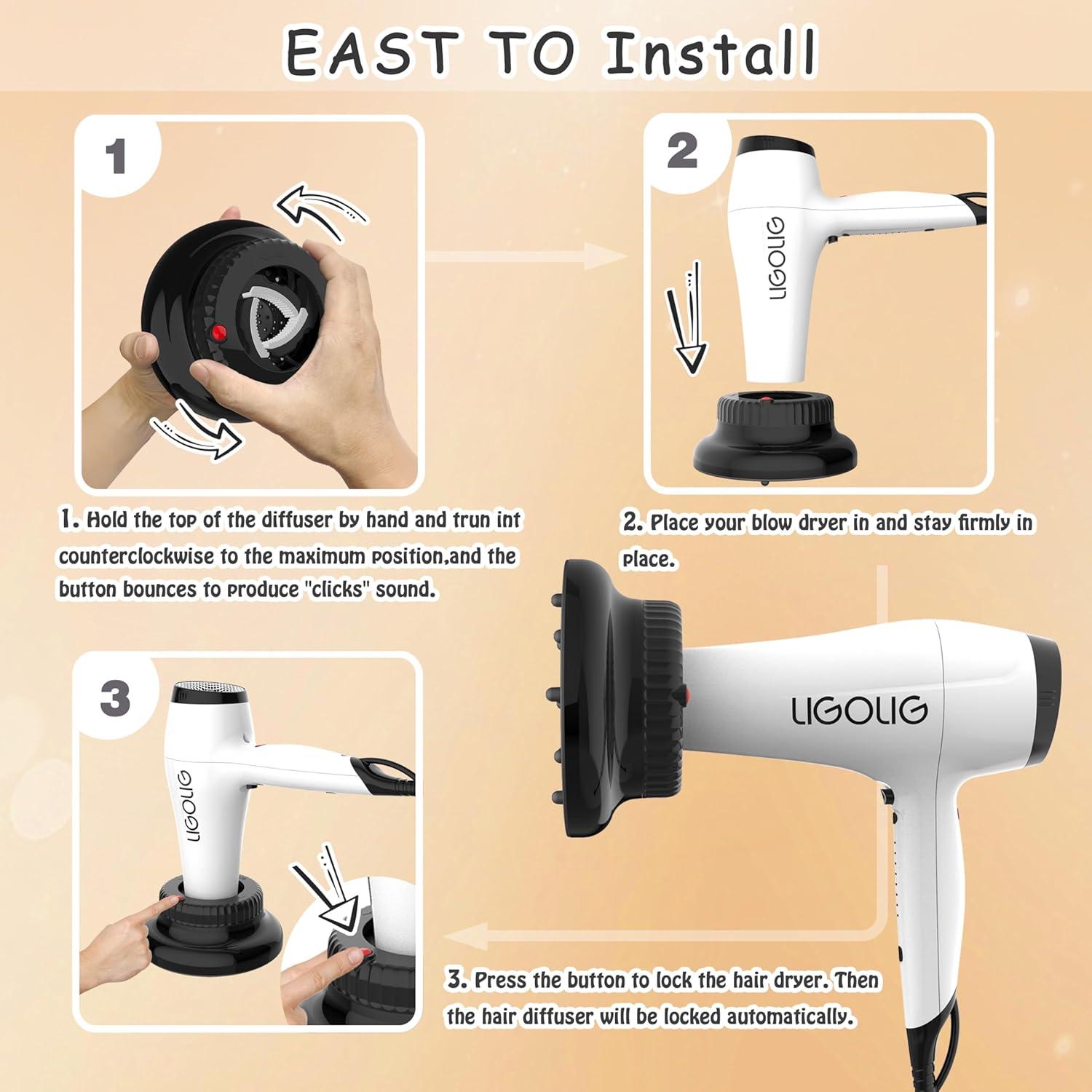 Difusor Universal para Secador de Pelo LIGOLIG Negro 3.56-6.1 cm