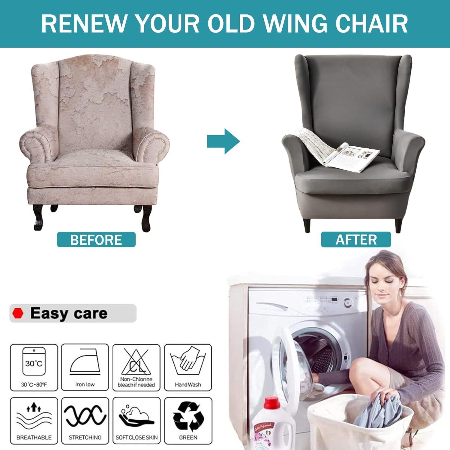 Funda de Sillón NILUOH 2 Piezas Respaldo Alto Gris