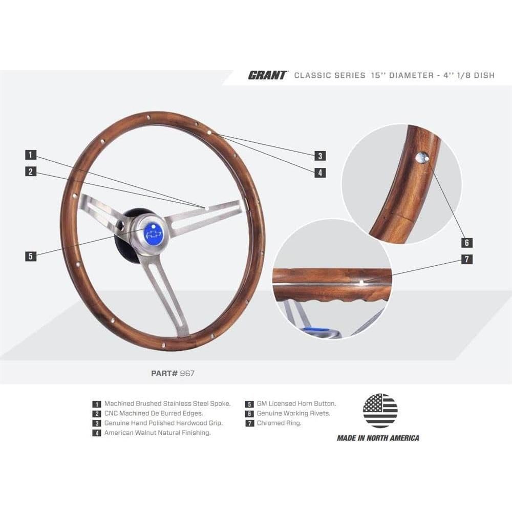 Volante Grant Clásico GM 38 cm Madera Nogal 3 Radios