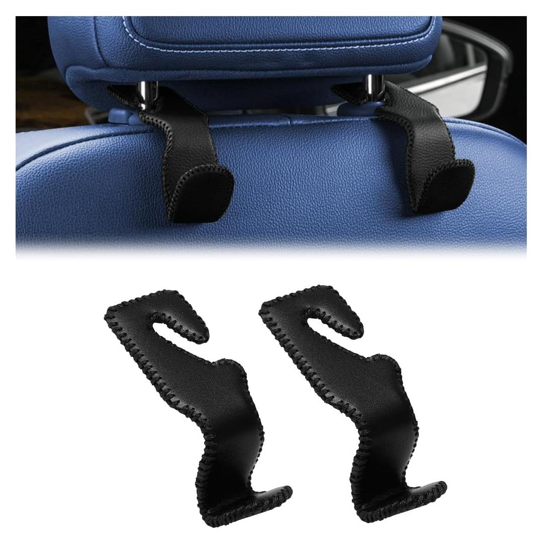 2PCS Car Headrest Hooks, Automotive Seatback Hangers, Leather Vehicle Interior Seat Back Storage Organizer Accessories for Purses Handbags Clothes, Universal for RV, SUV, Truck (Black)