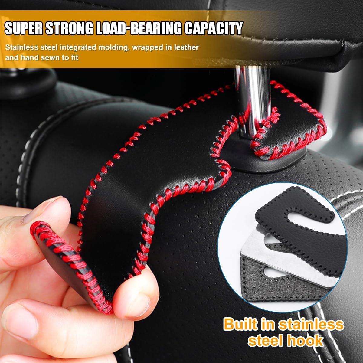 2PCS Car Headrest Hooks, Automotive Seatback Hangers, Leather Vehicle Interior Seat Back Storage Organizer Accessories for Purses Handbags Clothes, Universal for RV, SUV, Truck (Black)