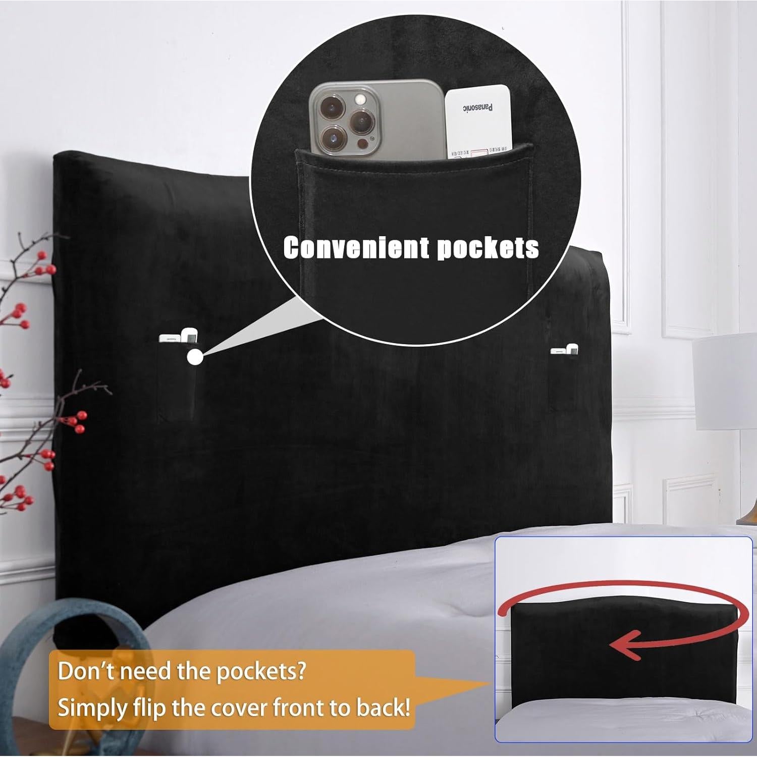 Funda de Cabecera WOMACO Negra 129-178 cm con Bolsillos