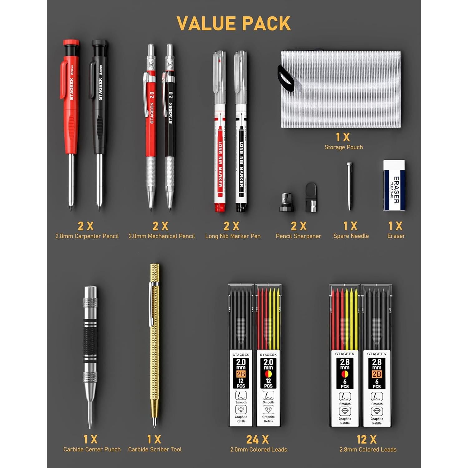 Juego de 17 lápices mecánicos STAGEEK para carpintero
