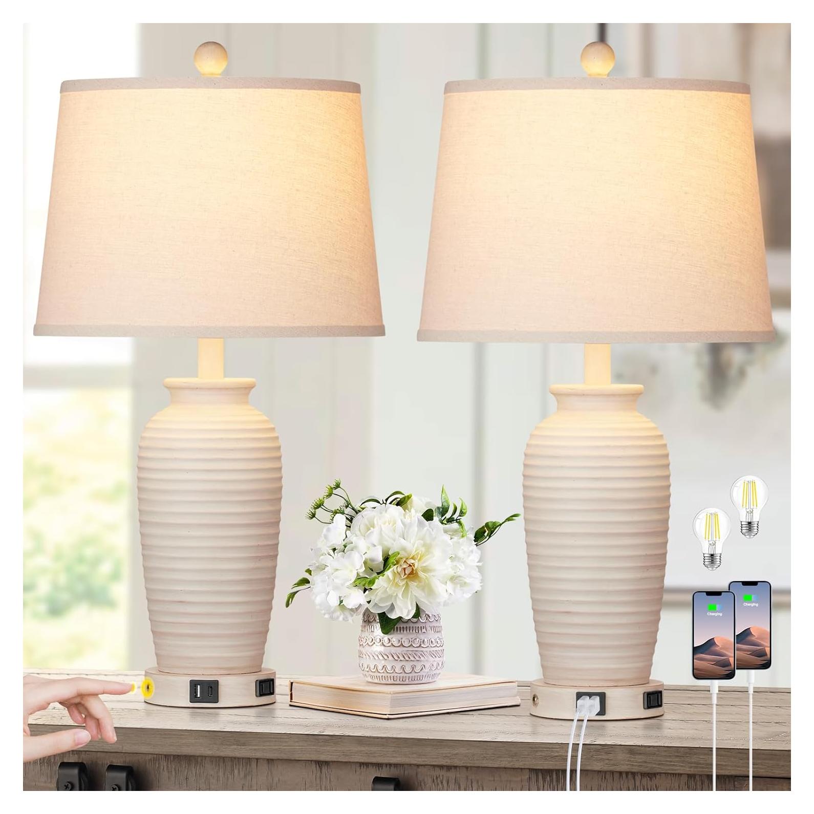 Juego de 2 Lámparas de Mesa Rústicas CINSARY con USB y Táctil