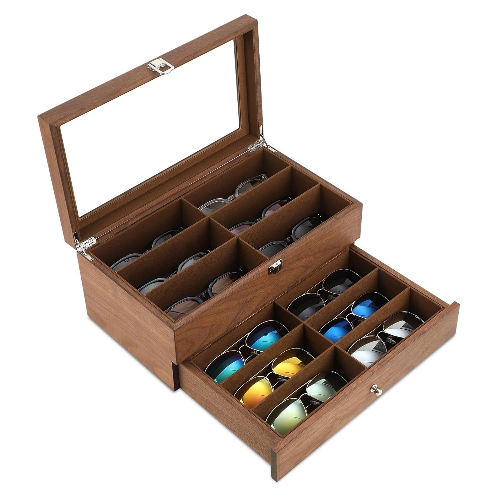 Caja Organizadora de Gafas de Sol de Madera con 12 Compartimentos