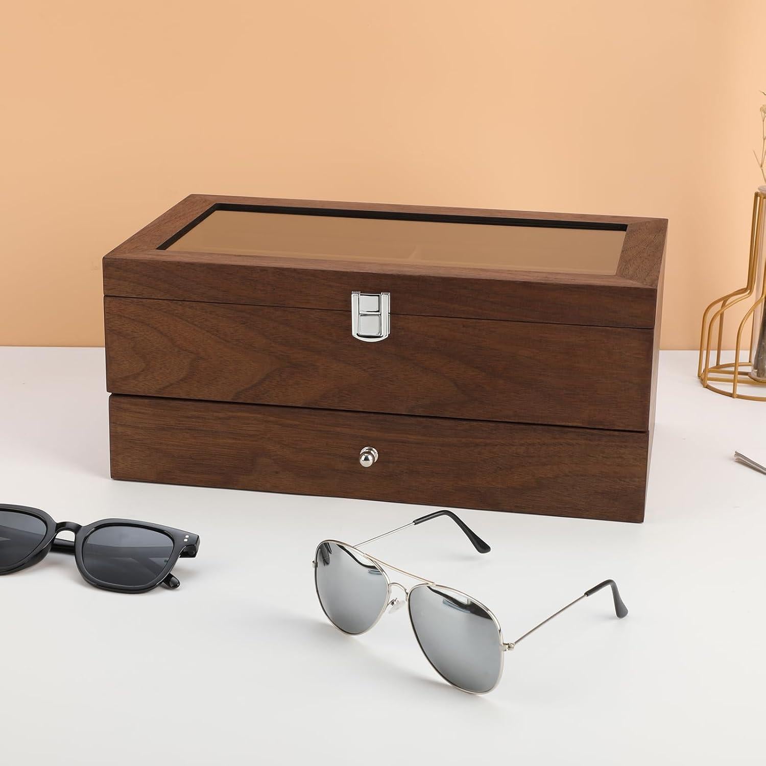 Caja Organizadora de Gafas de Sol de Madera con 12 Compartimentos
