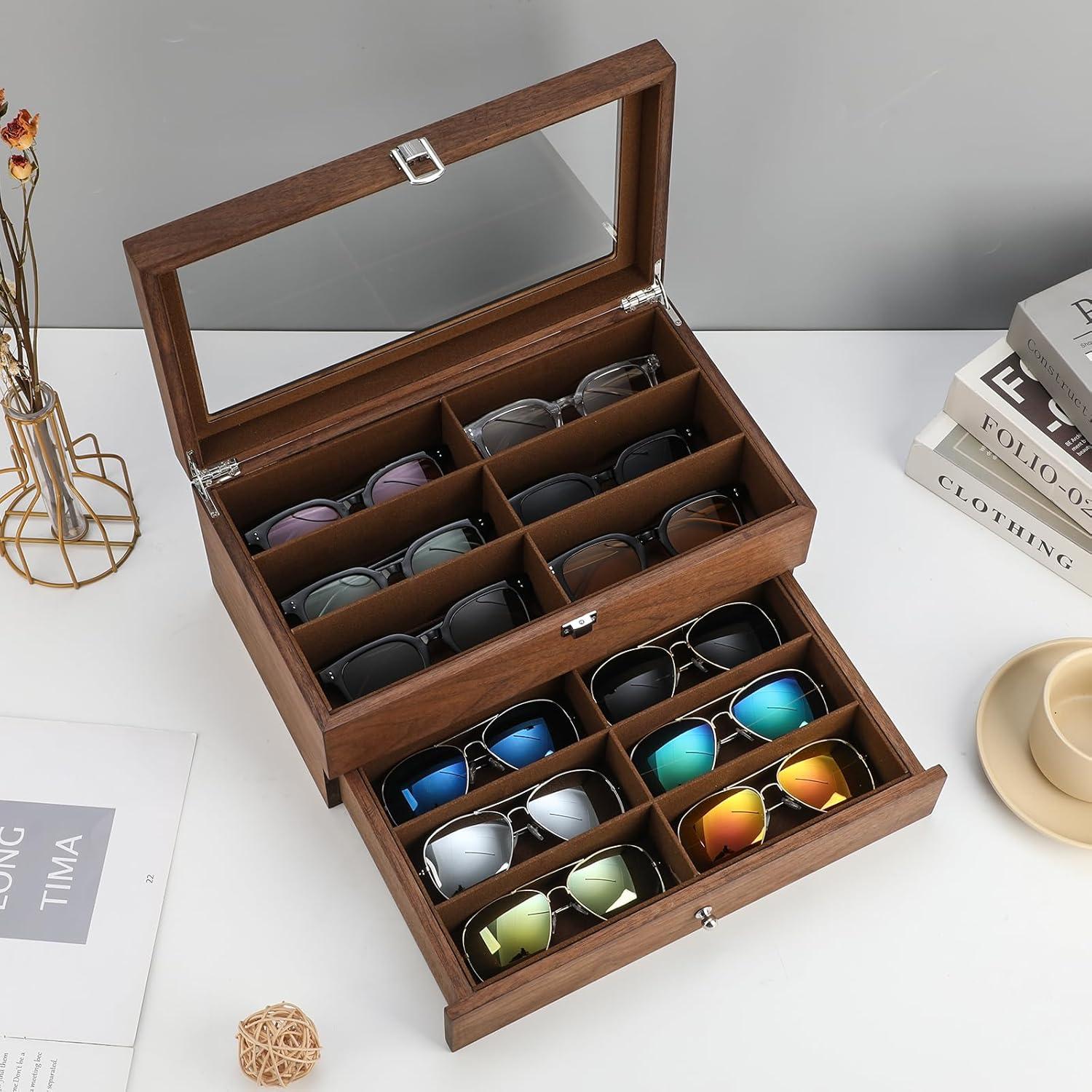 Caja Organizadora de Gafas de Sol de Madera con 12 Compartimentos