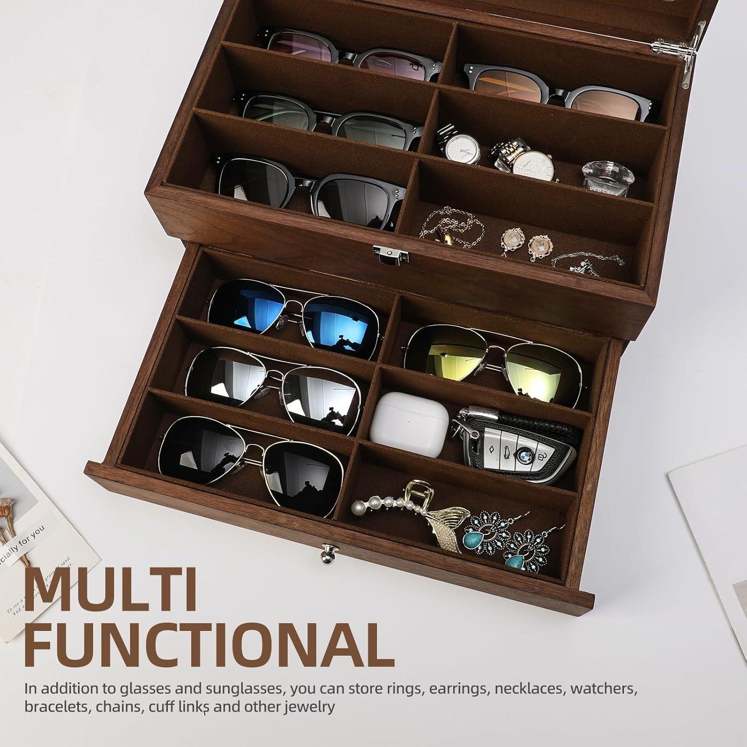 Caja Organizadora de Gafas de Sol de Madera con 12 Compartimentos