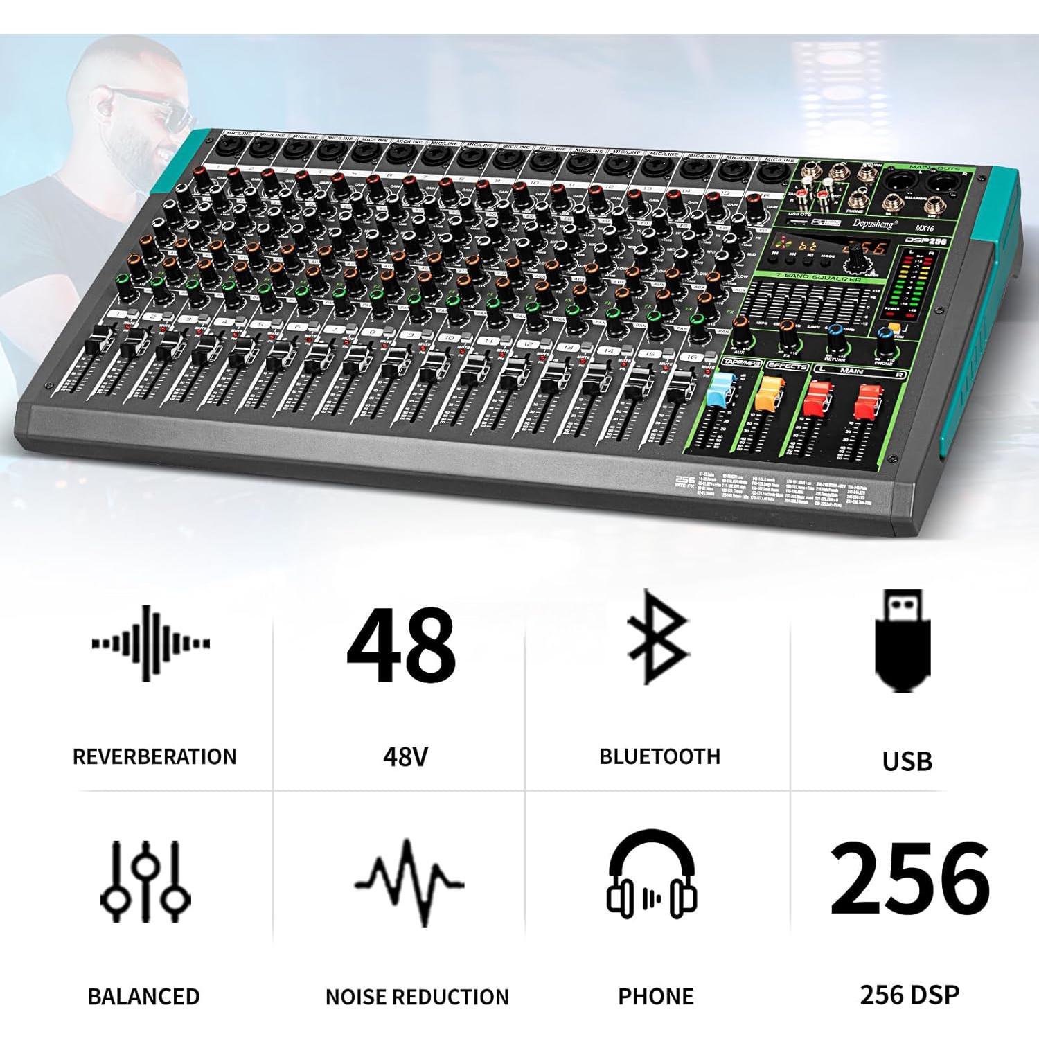 Mezclador de Sonido Depusheng MX16 16 Canales USB 48V DSP