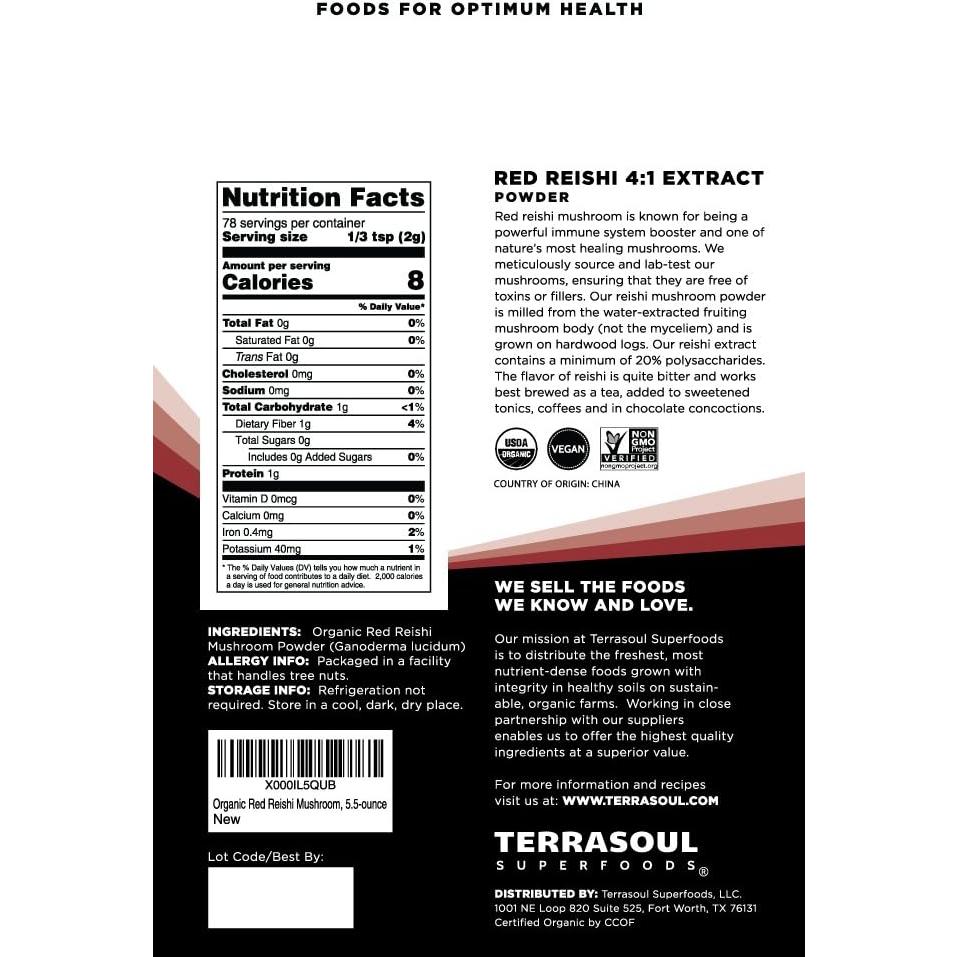 Polvo de Hongo Reishi Orgánico Terrasoul 622g Extracto 4:1