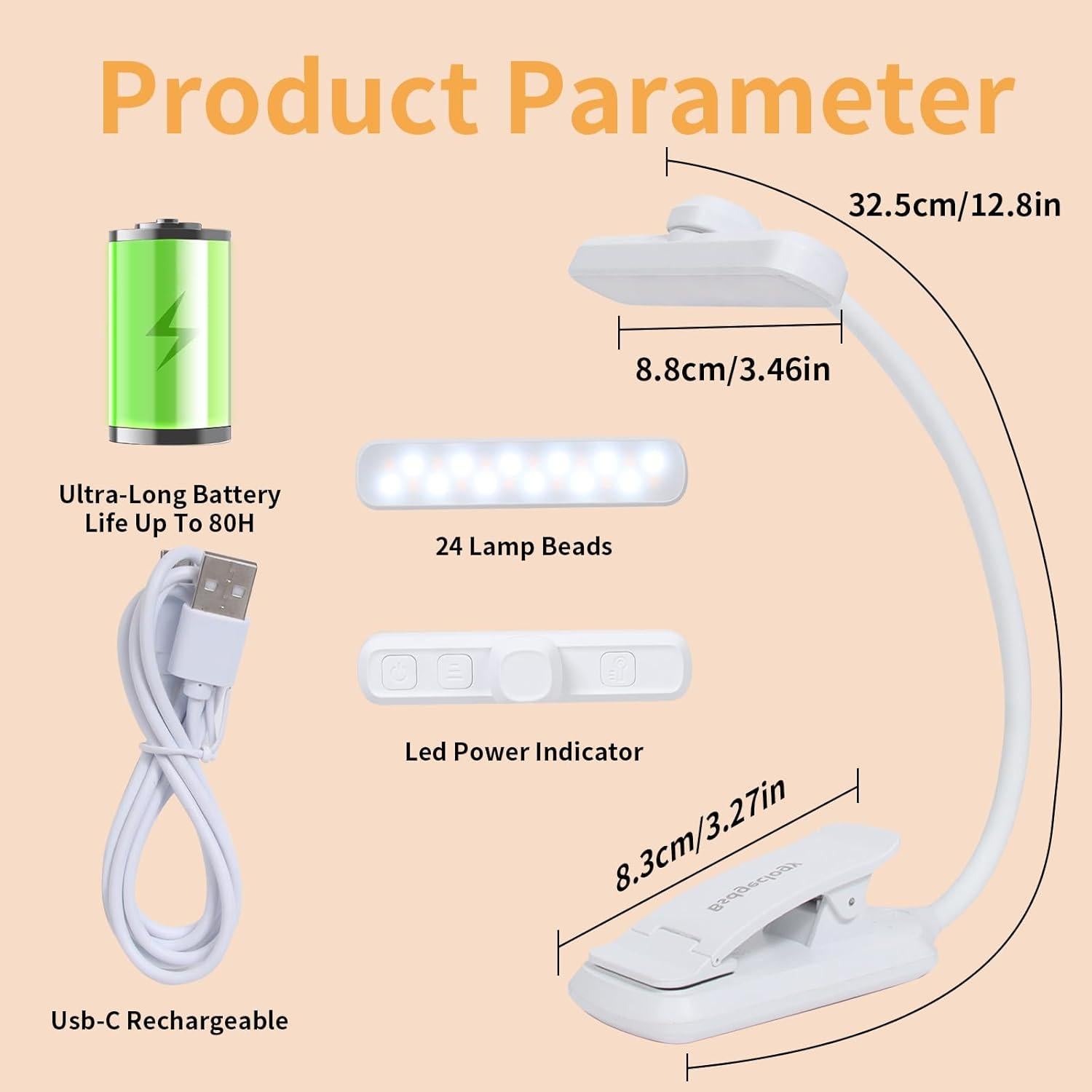 Luz de Libro Recargable Bsdgeclogy 24 LEDs 80 Horas Blanco