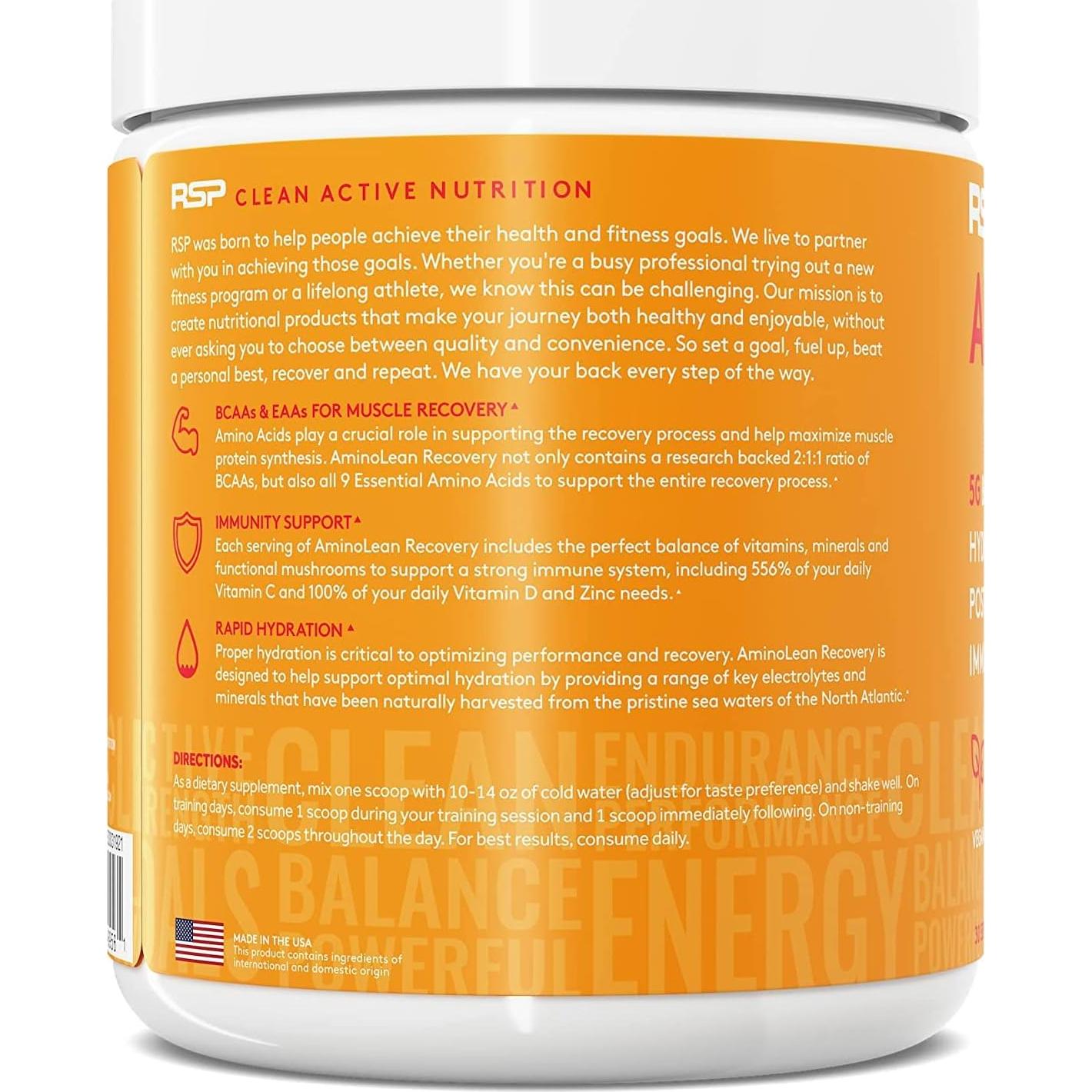 RSP AminoLean Recovery - Post Workout BCAAs Amino Acids Supplement + Electrolytes, BCAAs and EAAs for Hydration Boost, Immunity Support - Muscle Recovery Drink, Vegan Aminos, Blood Orange…