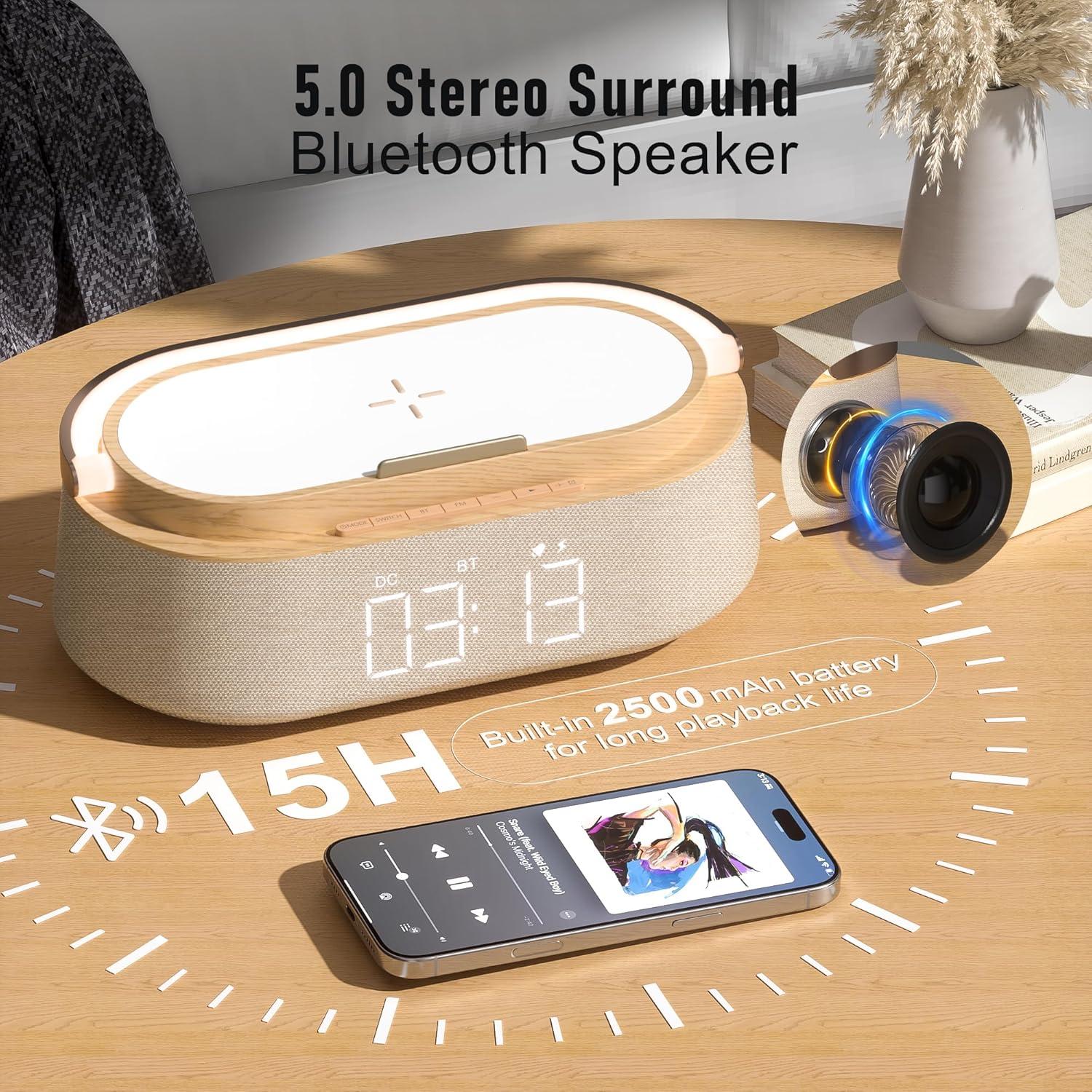 Reloj Despertador FREEFISH con Altavoz Bluetooth y Carga Inalámbrica