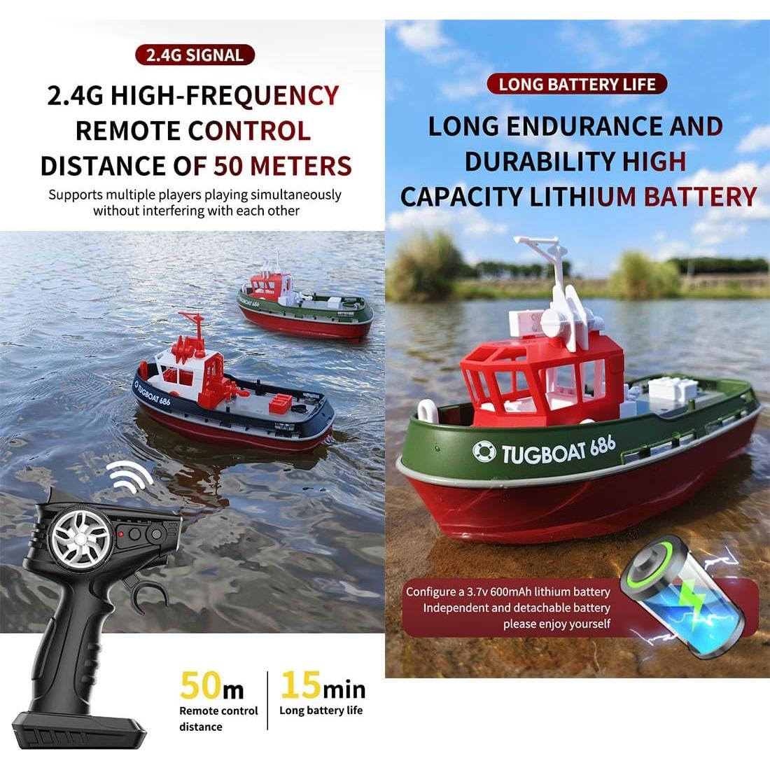 Barco Remolcador RC Weendiypty TX686 15 km/h Negro y Rojo