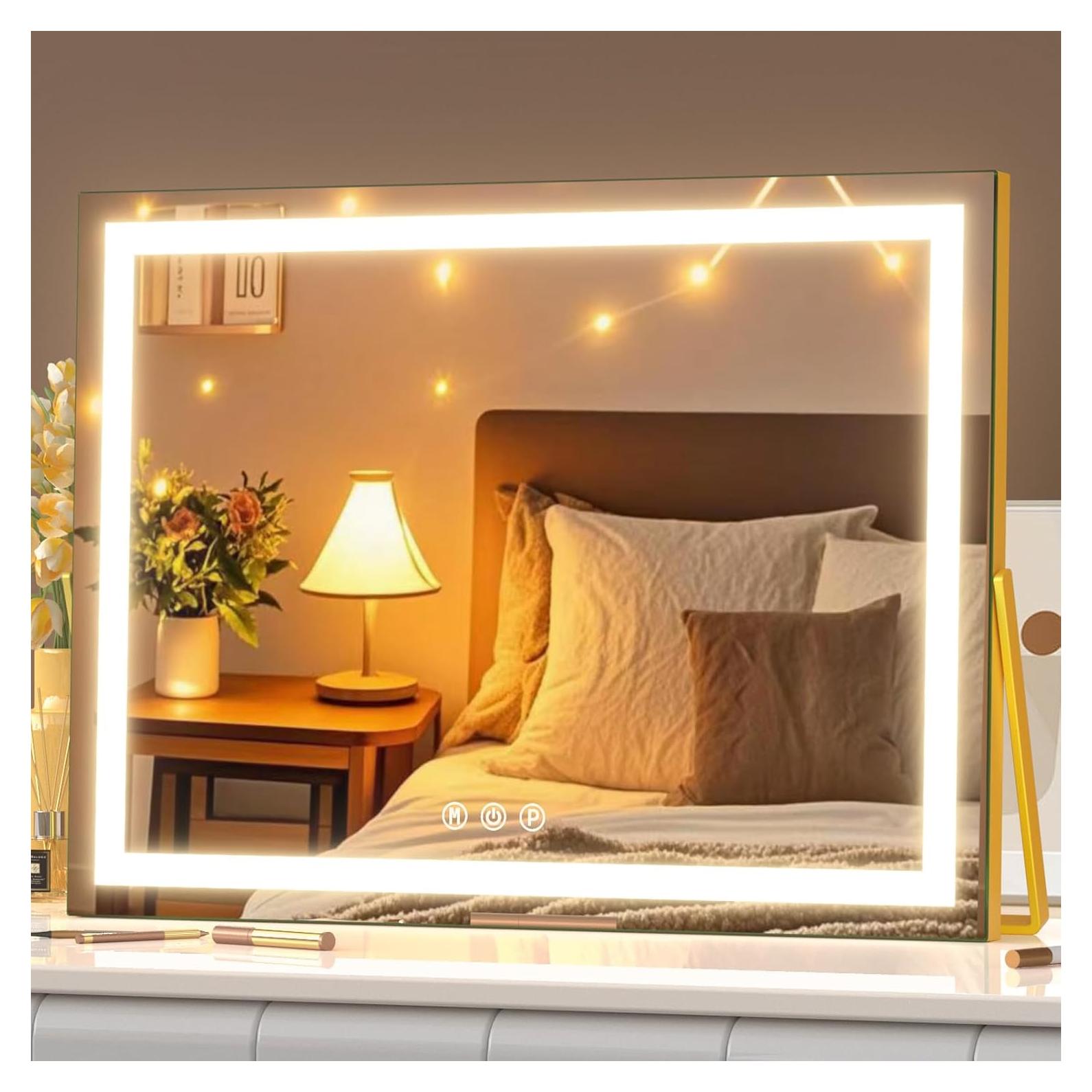 Espejo de Maquillaje LED Gvnkvn 38x28 cm Dorado 3 Modos Luz