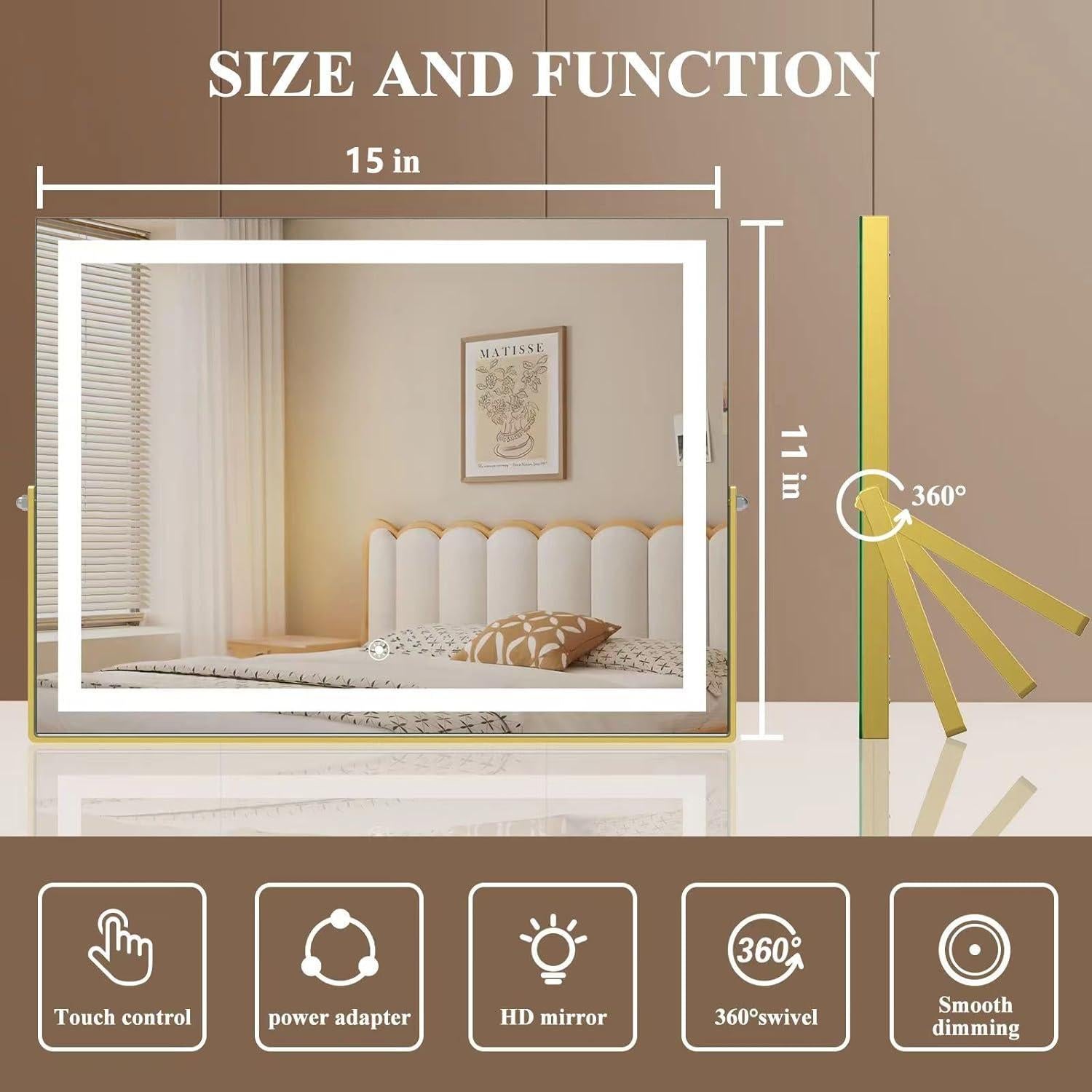 Espejo de Maquillaje LED Gvnkvn 38x28 cm Dorado 3 Modos Luz