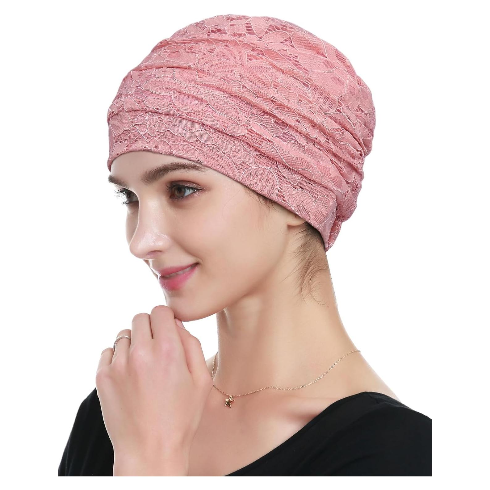 Gorro de Viscosa Rosa para Mujeres con Encaje para Dormir